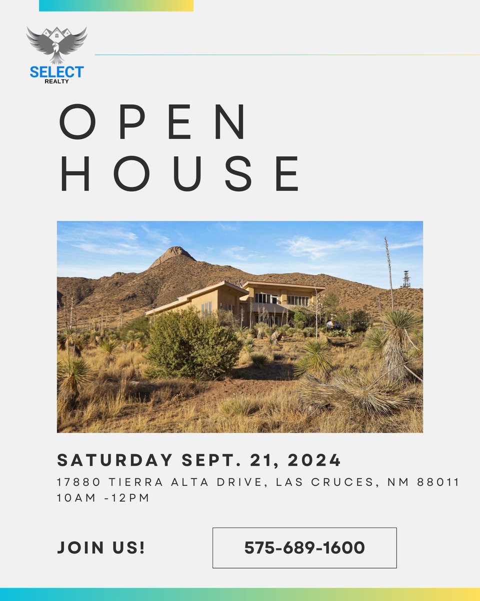 SelectRealtyLC's tweet image. 📢 TWO Open Houses This Saturday! 🏡

Join us tomorrow, Sept. 21st, for not one, but TWO chances to find your dream home! 🎉

🏠 First Stop:
📍 17880 Tierra Alta Drive, Las Cruces, NM 88011
⏰ 10 AM - 12 PM

🏠 Next Up:
📍 3681 Balboa Court, Las Cruces, NM 88012
⏰ 11 AM - 2 PM