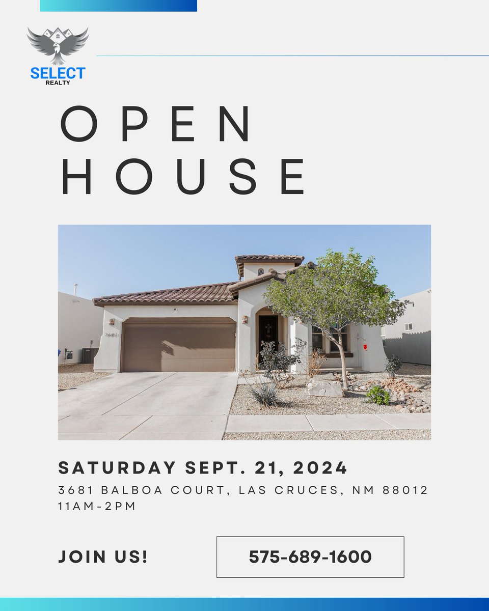 SelectRealtyLC's tweet image. 📢 TWO Open Houses This Saturday! 🏡

Join us tomorrow, Sept. 21st, for not one, but TWO chances to find your dream home! 🎉

🏠 First Stop:
📍 17880 Tierra Alta Drive, Las Cruces, NM 88011
⏰ 10 AM - 12 PM

🏠 Next Up:
📍 3681 Balboa Court, Las Cruces, NM 88012
⏰ 11 AM - 2 PM