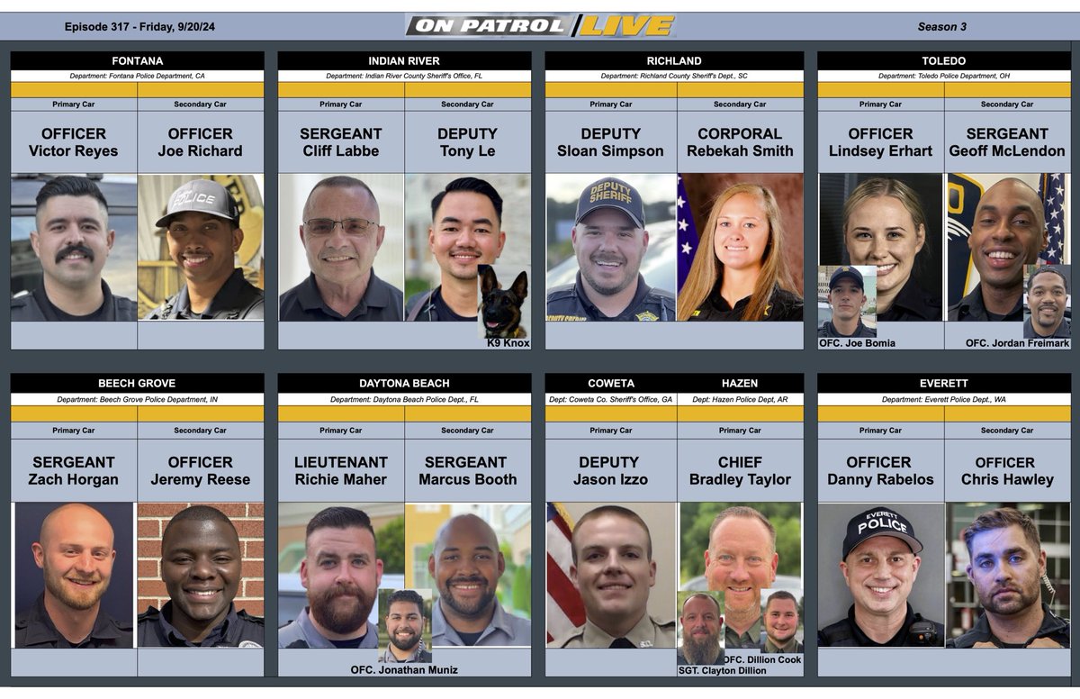 Welcome to Friday #OPNation. Tune in at 8e|5p for #OnPatrolFirstShift, followed by #OnPatrolLive at 9e|6p! Here is your lineup for the evening!