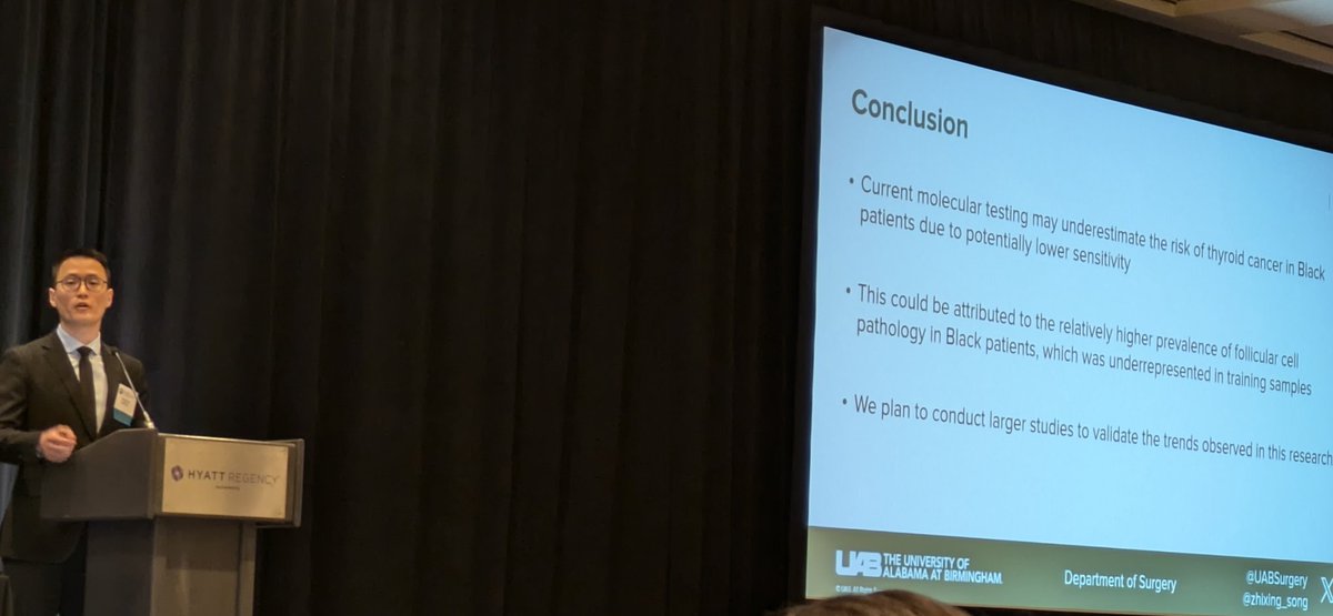 <a href="/zhixing_song/">Zhixing Song | 宋知行</a>  post doc <a href="/UABSurgery/">UAB Surgery</a> presented thought provoking work on the reliability of thyroid molecular testing in black patients <a href="/SocietyofBAS/">Society of Black Academic Surgeons</a> #SBASUCDavis2024. He's applying for categorical gen surg positions near you!