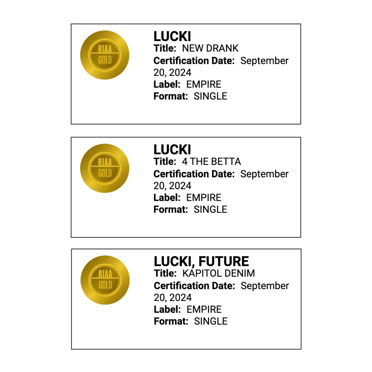 Kurrco's tweet photo. LUCKI earns his first-ever gold plaques 🏆

📀 New Drank
📀 4 The Betta
📀 Kapitol Denim /w Future