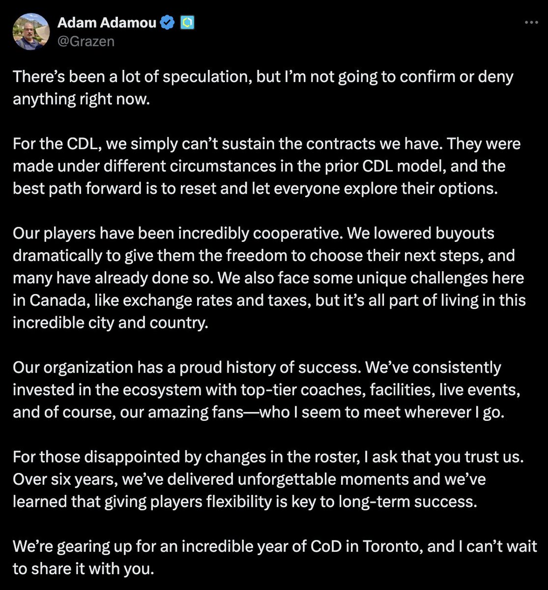 intelCDL's tweet photo. "For the CDL, we simply can’t sustain the contracts we have. They were made under different circumstances in the prior CDL model, and the best path forward is to reset and let everyone explore their options."

Toronto Ultra's CEO, Grazen, on CDL contracts & rostermania ⤵️🗣️