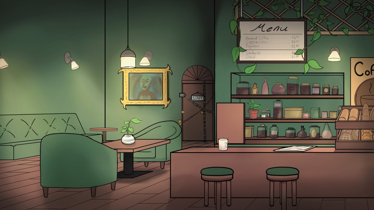 Everyone! Even though you've probably already seen it, I HAVE MY BACKGROUND!~ <a href="/dekodere/">Dekodere</a>  Did an amazing job on it and I'm so glad I can start my weird uncanny wendigo cafe soon~ Can't wait to start revealing my PNG character &lt;3 Stay safe everyone #pngtuber #VtuberDebut #twitch
