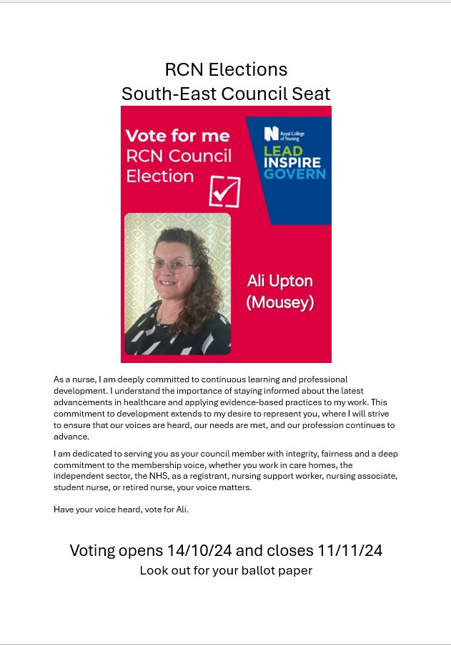 Mouseyali's tweet photo. I am standing for election to the @SouthEastRCN Council seat.

My campaign poster outlines some of my nomination statement.

Have your voice heard, vote for Ali https://t.co/vUbsUCfzVO