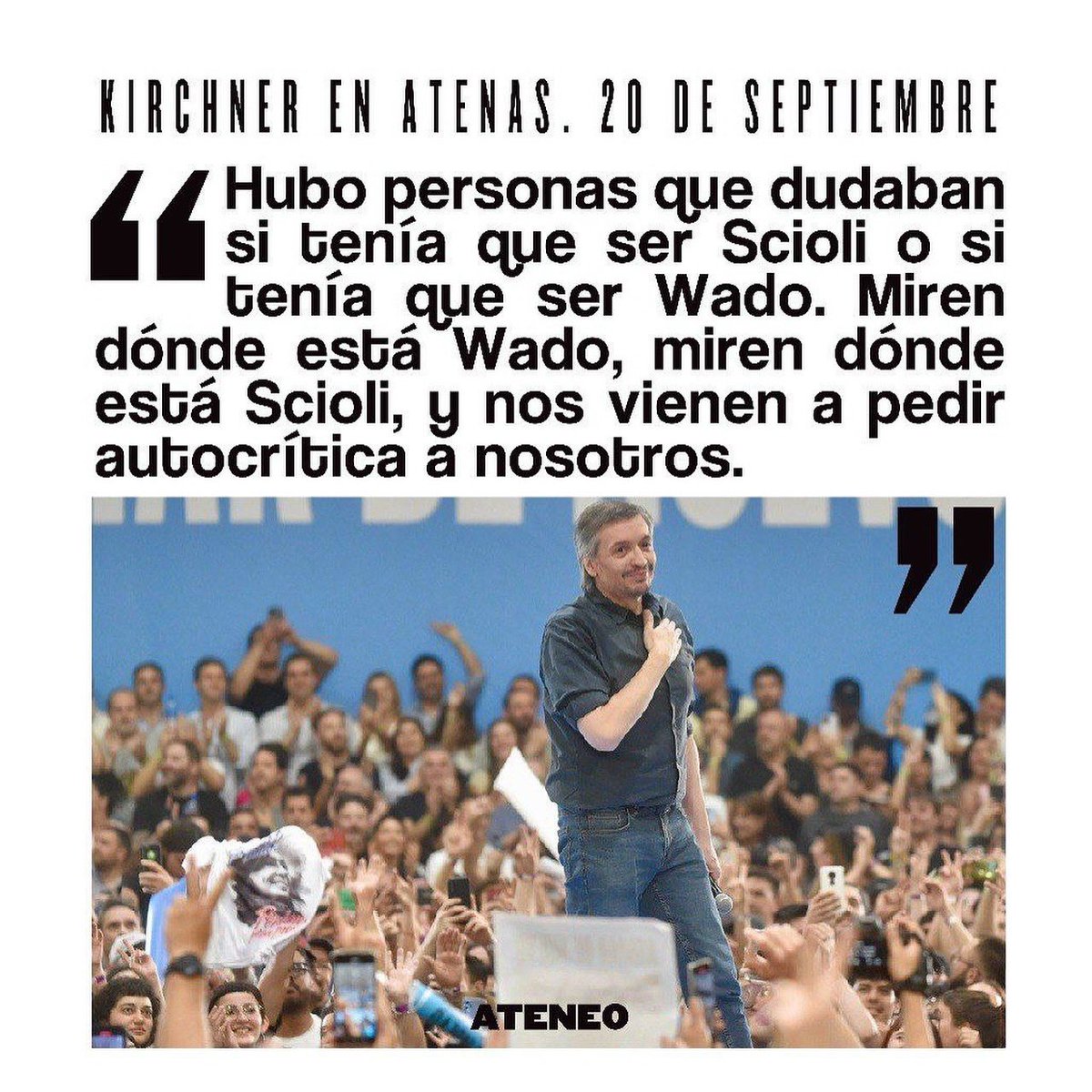 AteneoLP's tweet photo. Miren dónde está Wado y dónde está Scioli. Y nos vienen a pedir autocríticas a nosotros.

#KirchnerEnAtenas https://t.co/siBNunmikB
