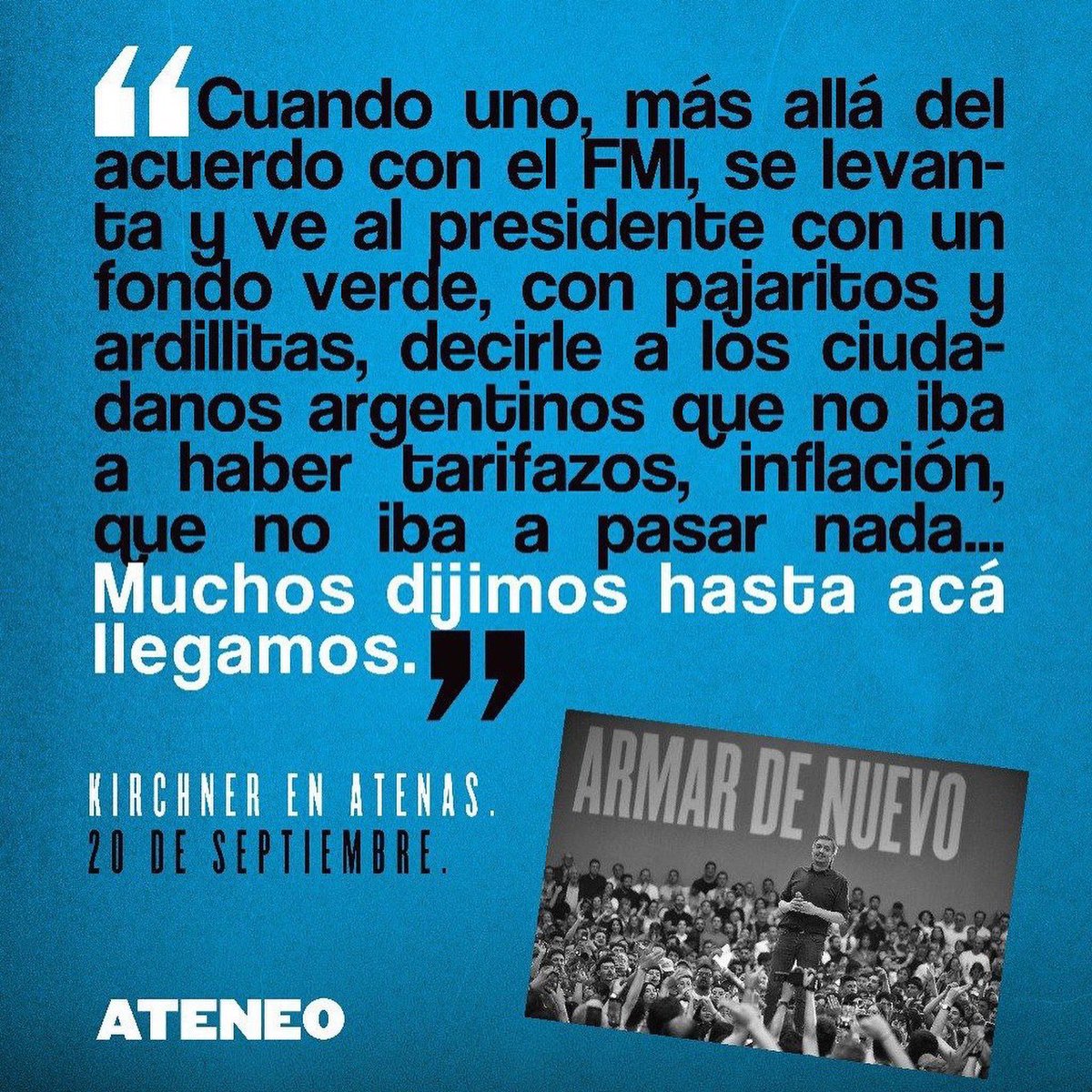AteneoLP's tweet photo. Miren dónde está Wado y dónde está Scioli. Y nos vienen a pedir autocríticas a nosotros.

#KirchnerEnAtenas https://t.co/siBNunmikB