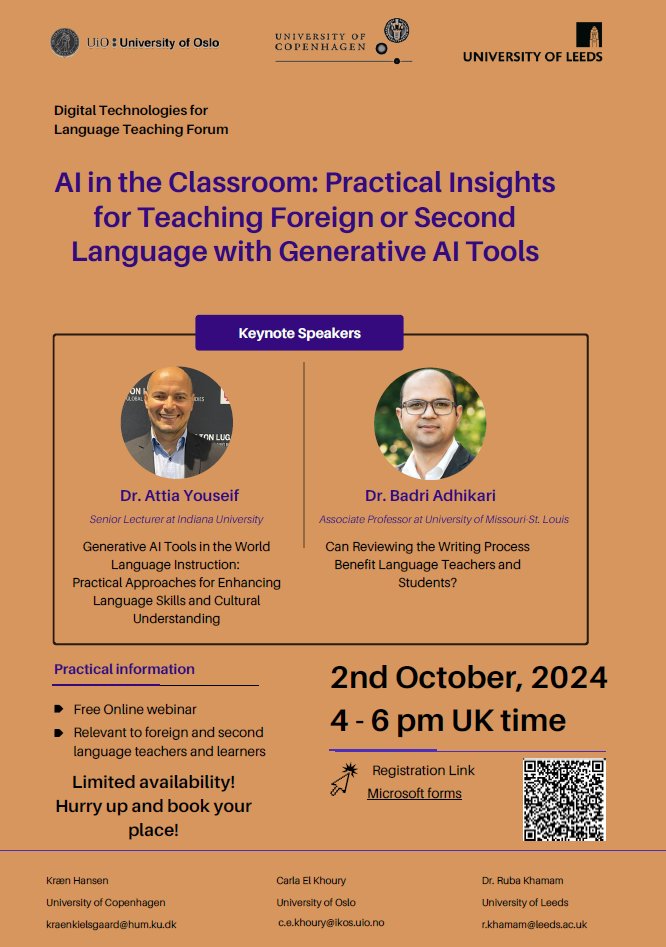 Exciting news! I'm keynoting at "AI in the Classroom: Practical Insights for Teaching Foreign Languages with Generative AI Tools" 🎓🌍📅 October 2nd,
🏛️ Hosted by the University of Leeds, University of Oslo, and University of Copenhagen <a href="/IUBloomington/">IU Bloomington</a> <a href="/hamiltonlugar/">Hamilton Lugar School at Indiana University</a> <a href="/IUCollege/">The College at IU</a>