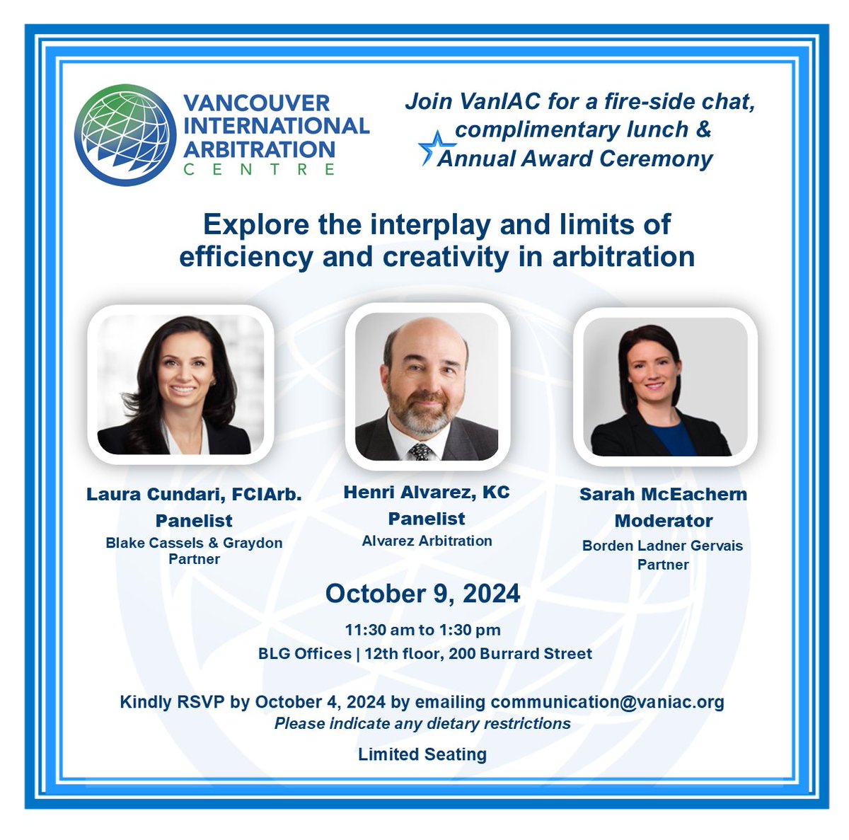 Vancouver International Arbitration Centre (@vanarbitration) on Twitter photo 2024 VanIAC Arbitration Awards- Nominate Today: rb.gy/nnys1x
VanIAC Awards Presentation & Lunch at BLG’s offices on October 9th from 11:30am to 1:30pm, just before the ICC Conference. RSVP to communication@vaniac.org to confirm your attendance. 2024 VanIAC Arbitration Awards- Nominate Today: rb.gy/nnys1x
VanIAC Awards Presentation & Lunch at BLG’s offices on October 9th from 11:30am to 1:30pm, just before the ICC Conference. RSVP to communication@vaniac.org to confirm your attendance.
