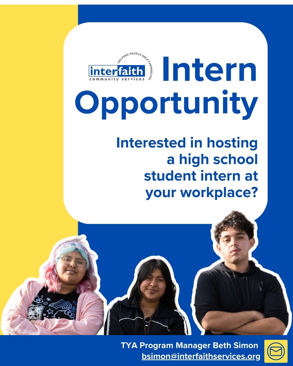 Interfaith Community Services (@interfaithcs) on Twitter photo Interested in hosting a student intern at your workplace? Interfaith will pay the salary of students ages 14-18 in our Transitional Youth Academy--the only cost to you is your time & guidance. Learn more by contacting Beth Simon, program manager, at bsimon@interfaithservices.org Interested in hosting a student intern at your workplace? Interfaith will pay the salary of students ages 14-18 in our Transitional Youth Academy--the only cost to you is your time & guidance. Learn more by contacting Beth Simon, program manager, at bsimon@interfaithservices.org