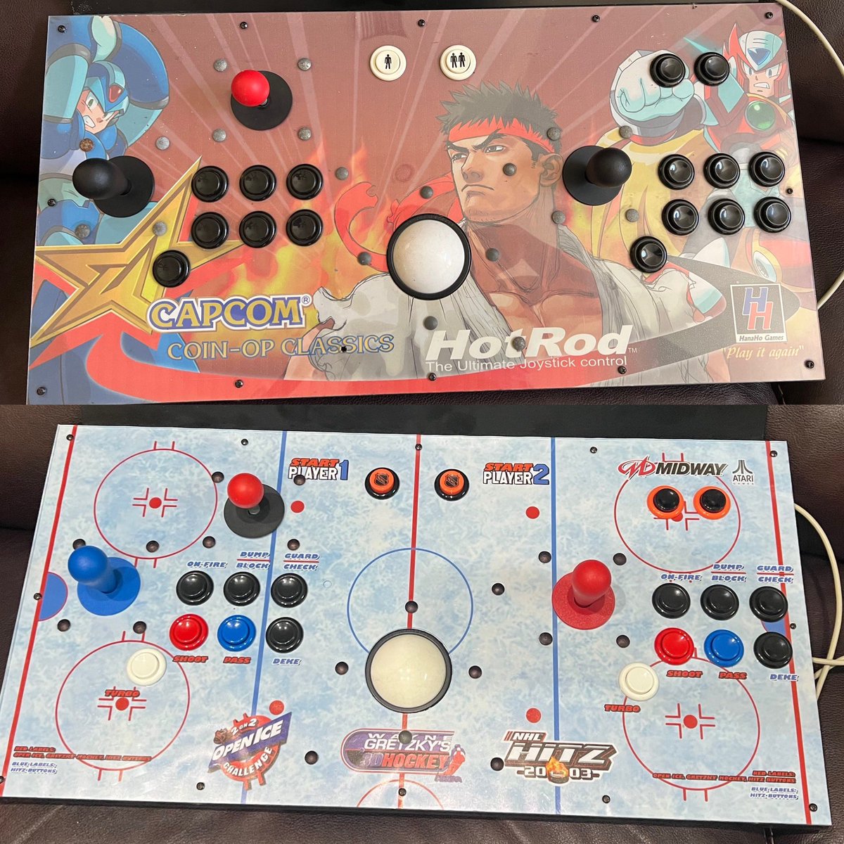RetroMod64's tweet image. Good progress on the Midway clone #multicade (a well built Hanaho “PC Arcade” 2003). Themed around my favorite arcade(y) hockey games. Open Ice, Greztky’s 3D hockey, and Hitz 2003. Kept the extra controls as they came to avoid more work. @ScarletSprites #arcade #retrogame #mame