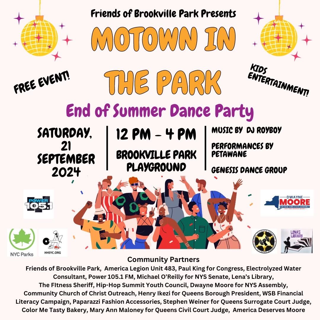 Join me alongside some incredible community partners for Motown in the Park tomorrow at Brookville Park in Rosedale, Queens from 12-4pm. Bring your lawn chairs and enjoy great music and food. <a href="/Power1051/">Power 105.1</a> @theFitnessSheriff <a href="/HHSYC/">Hip-Hop Summit Youth Council</a> #FOBP #LenasLibrary #AmericanLegionUnit483 #Motown