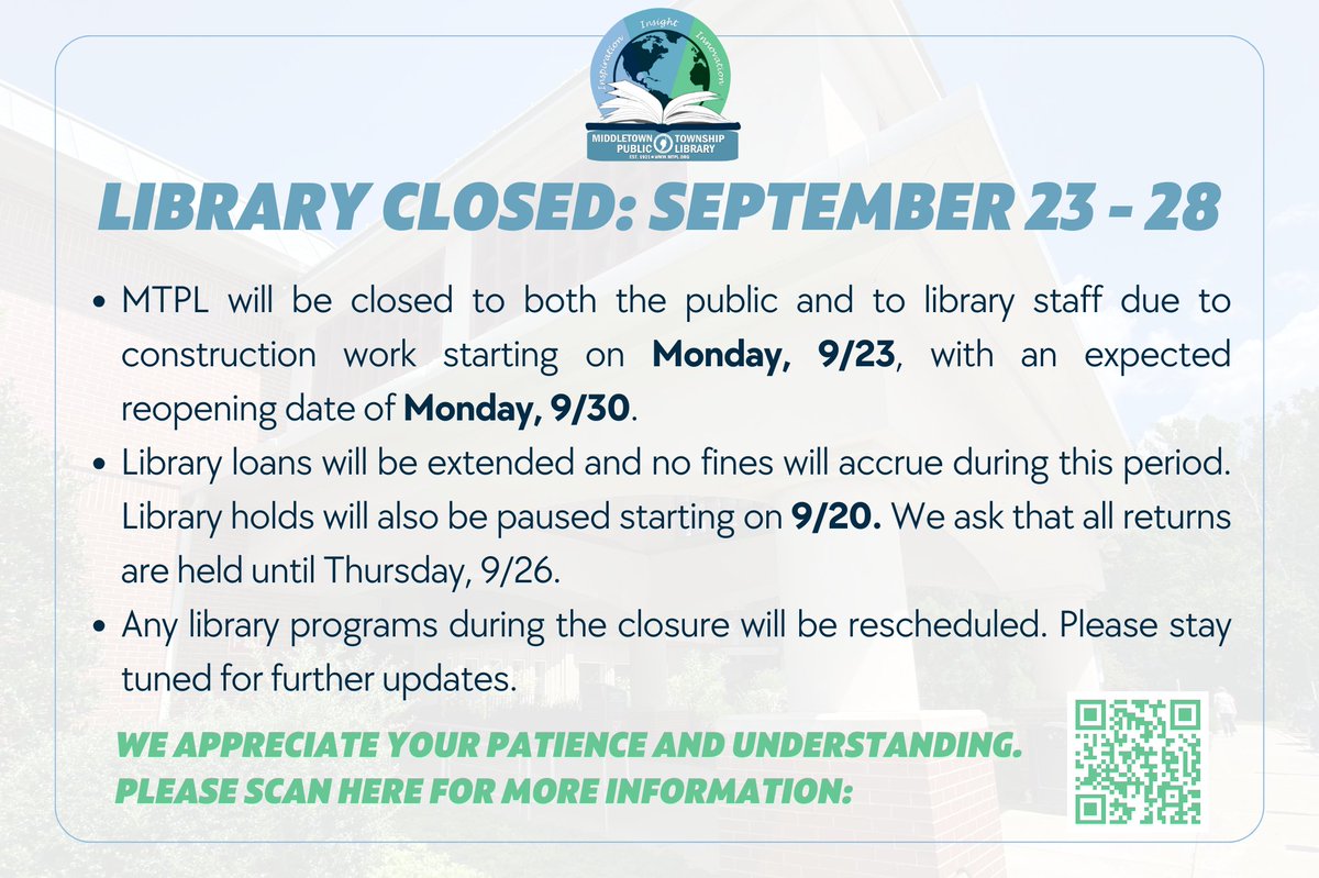 Middletown, NJ (@middletownnj) on Twitter photo 📣 <a href="/MiddletownPL/">Middletown Township Public Library</a> will be closed due to construction work beginning Monday, 9/23 with an expected reopening date of Monday, 9/30. Visit mtpl.org/mtpl-renovation for more information. 📚 📣 <a href="/MiddletownPL/">Middletown Township Public Library</a> will be closed due to construction work beginning Monday, 9/23 with an expected reopening date of Monday, 9/30. Visit mtpl.org/mtpl-renovation for more information. 📚