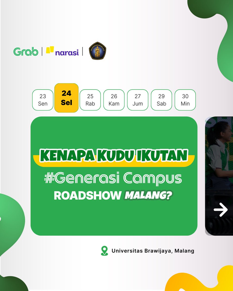 narasitv's tweet image. Tuh, aku spill #Generasi Campus Roadshow Malang nanti bakal seseru apa! Buat yang udah daftar, jangan sampe skip jadwalnya. Rugi abis kalo ga dateng!

Terus, buat kamu mahasiswa @univ.brawijaya @brawijayamultiusaha yang kudu banget mondar-mandir ke kampus, aku kasih deh kode