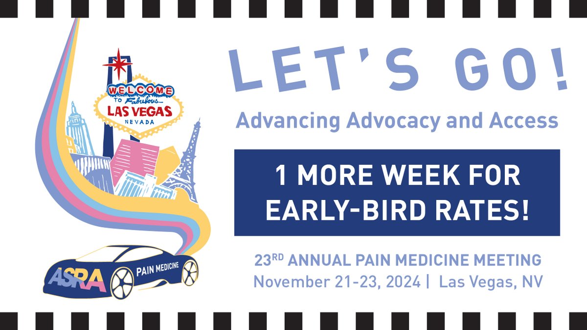 Only 1 week left to catch early-bird savings on #ASRAFALL24! This multidisciplinary and forward-thinking meeting also coincides with the F1 Championship in Las Vegas! Register by September 26, 11:59 pm ET to take advantage of these exciting rates! 🏎️ asra.com/pain