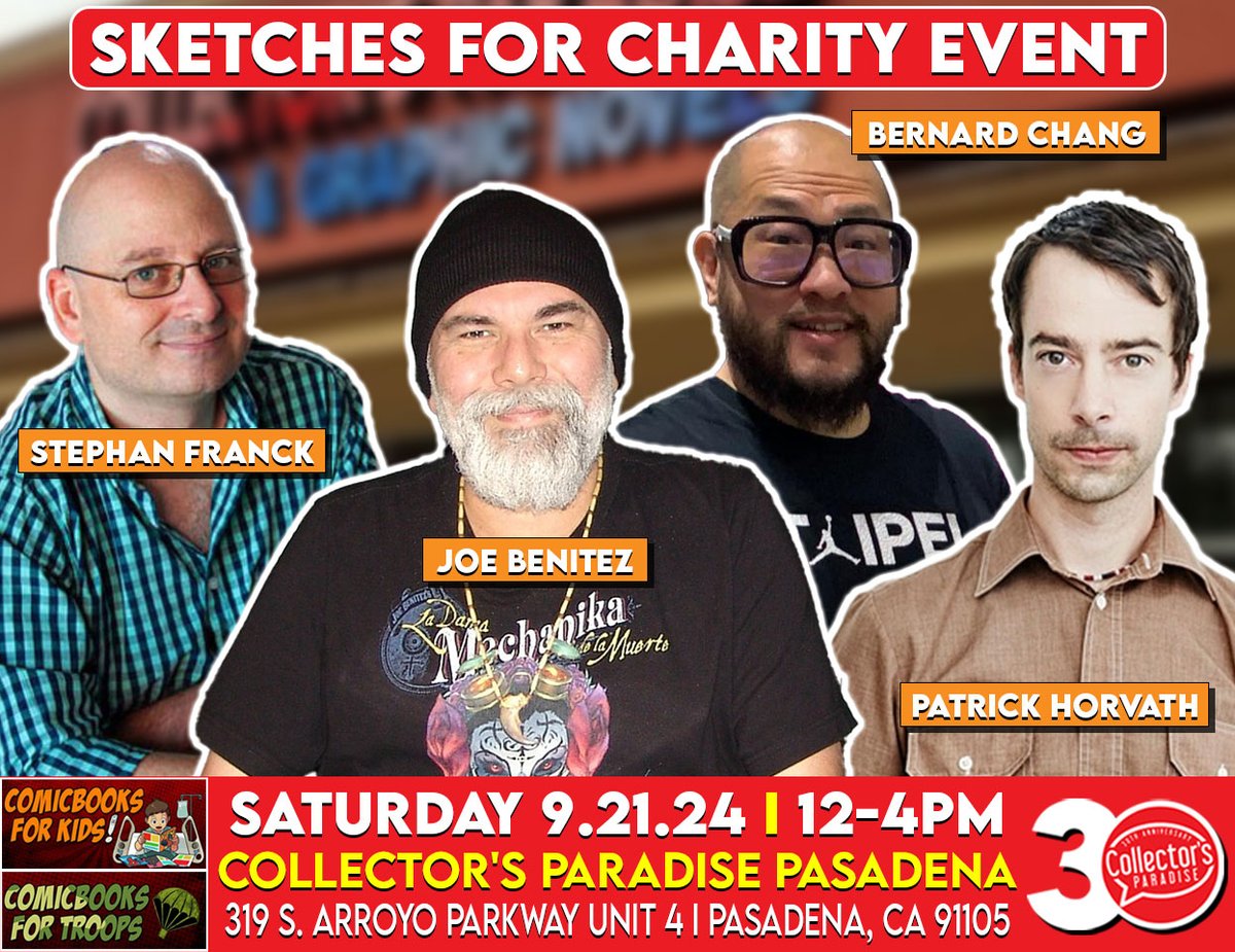 Collector's Paradise (@cparadize) on Twitter photo 🚨TOMORROW🚨
Visit any Collector’s Paradise location from 12-4PM & receive a sketch for donating the comics to <a href="/Comicbooks4kids/">ComicBooks For Kids</a>!
⭐️Artists:
<a href="/dennisculver/">Dennis Culver</a>
<a href="/chrisacomics/">Chris Anderson SDCC Saturday ONLY 4613</a>
#AdrianRivero
#ChrisMoreno
#ScottShaw
@Koblish
<a href="/ELJoeBenitez/">Joe Benitez</a>
@stephan_franck
@thebernardchang
<a href="/PatrickHorvath/">Patrick Horvath</a> 🚨TOMORROW🚨
Visit any Collector’s Paradise location from 12-4PM & receive a sketch for donating the comics to <a href="/Comicbooks4kids/">ComicBooks For Kids</a>!
⭐️Artists:
<a href="/dennisculver/">Dennis Culver</a>
<a href="/chrisacomics/">Chris Anderson SDCC Saturday ONLY 4613</a>
#AdrianRivero
#ChrisMoreno
#ScottShaw
@Koblish
<a href="/ELJoeBenitez/">Joe Benitez</a>
@stephan_franck
@thebernardchang
<a href="/PatrickHorvath/">Patrick Horvath</a>