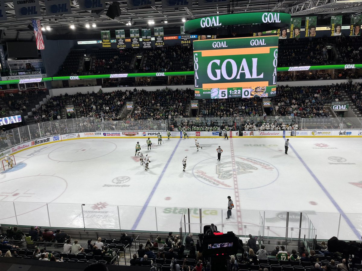 Evan Van Gorp completes the hat trick in the second period for the Knights and London leads the Sarnia Sting 6-1 through 40 minutes.