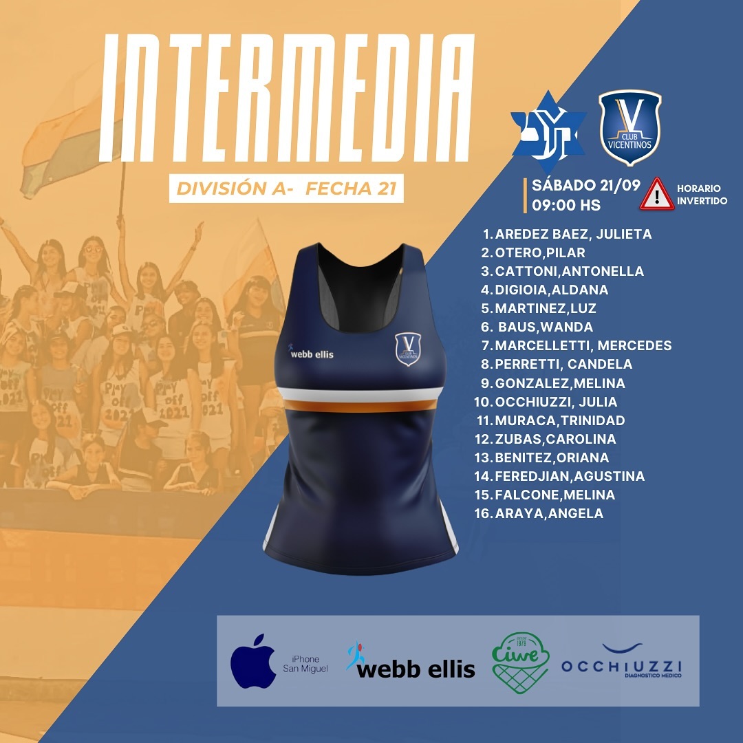 Vamos Vicente 💙🧡🤍

Les compartimos los equipos del plantel superior A que se enfrentarán de visitante a Macabi.

‼️HORARIO INVERTIDO ‼️

¡Éxitos chicas!