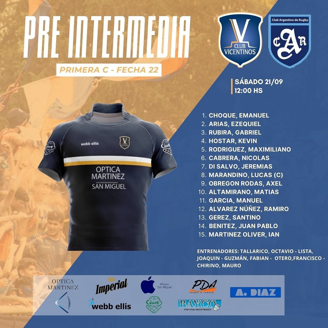 Recibimos a <a href="/ArgentinoRugby/">Club Argentino Rugby</a> por la Fecha 22 del Torneo de la Primera C de la URBA.

⏰ Horarios de Kick Off
Pre 12:00Hs - Inter 13:45Hs - Primera 15:30Hs

Felicitamos a Santiago Traynor por llegar a los 100 partidos en Primera.

💪🏽 ¡Dejanos tu mensaje de aliento y te esperamos!