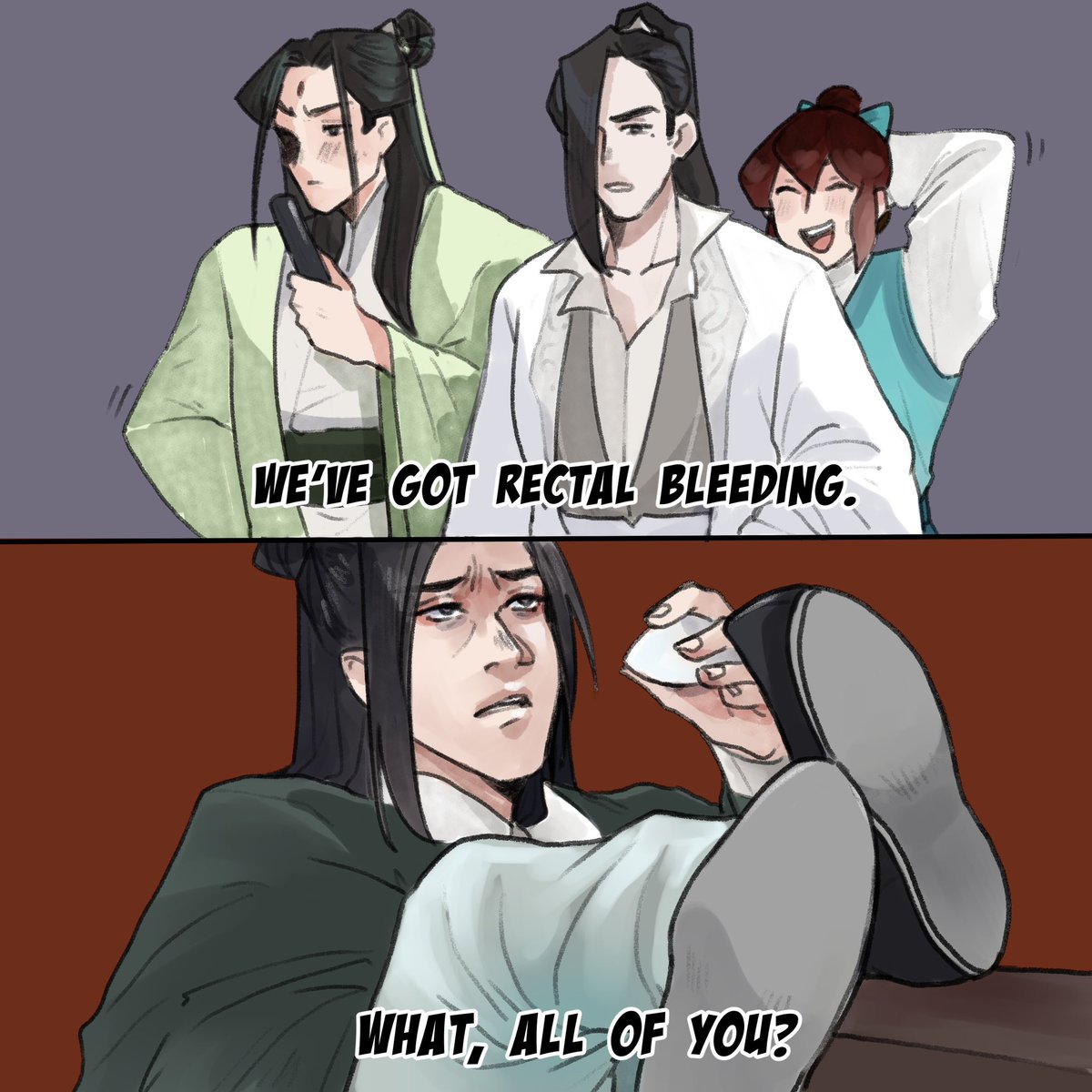noizuit's tweet photo. It’s Shizun’s birthday and I decided to celebrate it with a shit post again.

I think this was a screen cap from House.
Also, that’s my iteration Mu Qingfang, whom I haven’t drawn in three years.

#svsss https://t.co/YH25XTE0si