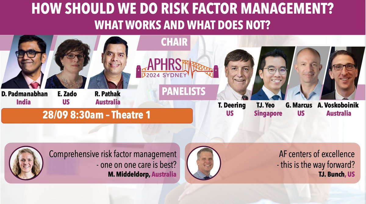 #APHRS2024 - #AFib Session
🗓️28/09 at 8:30am📍Theatre 1

Join us for the session: 'HOW SHOULD WE DO RISK FACTOR MANAGEMENT? WHAT WORKS AND WHAT DOES NOT?' 💡 Gain practical insights and explore effective strategies. Don’t miss this important discussion! #RiskManagement