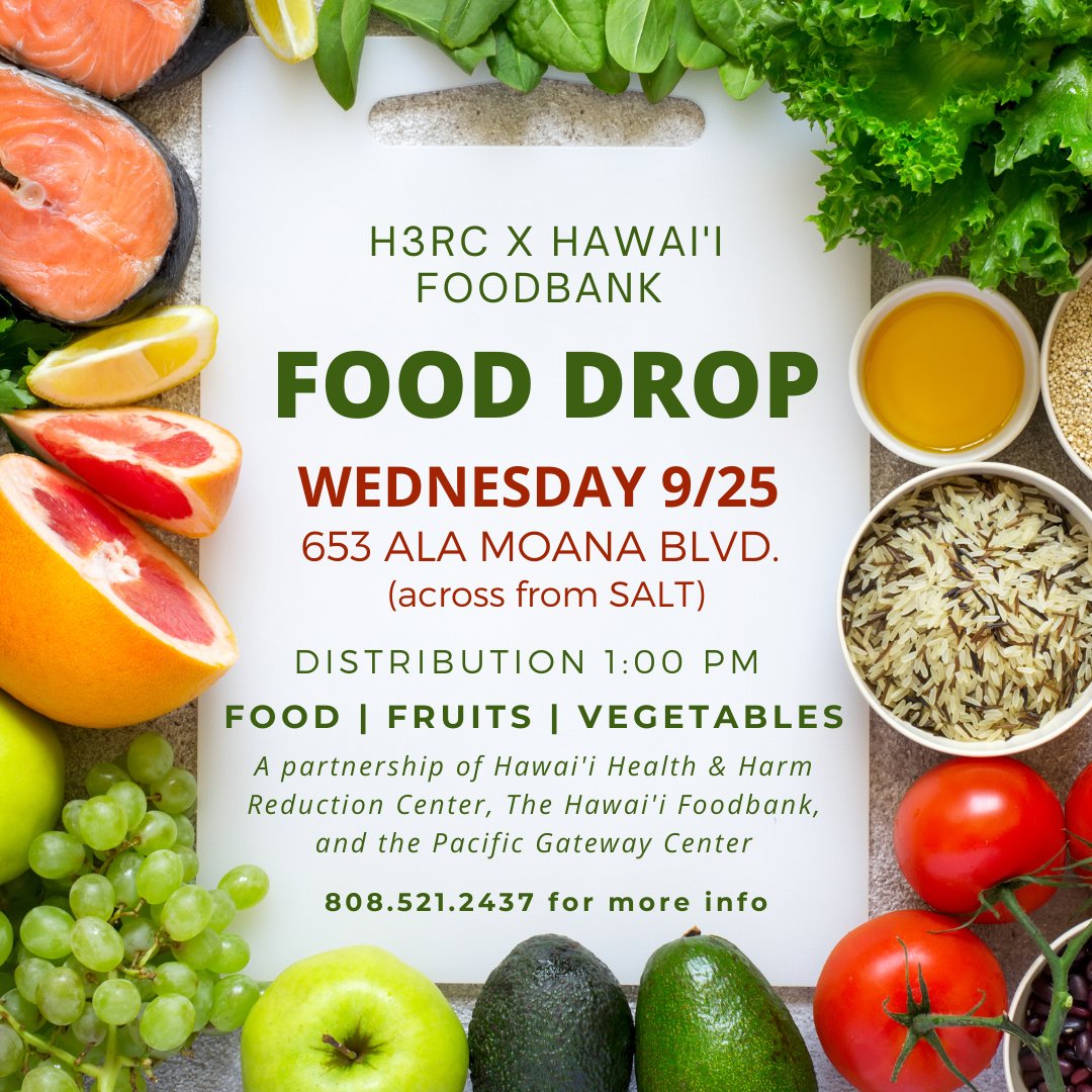 Next Week!  It is our monthly Kaka'ako Food Drop.  If you or someone you know is in need, please help spread the word. #food #insecurity #harmreduction #hawaii #aloha #foodbank