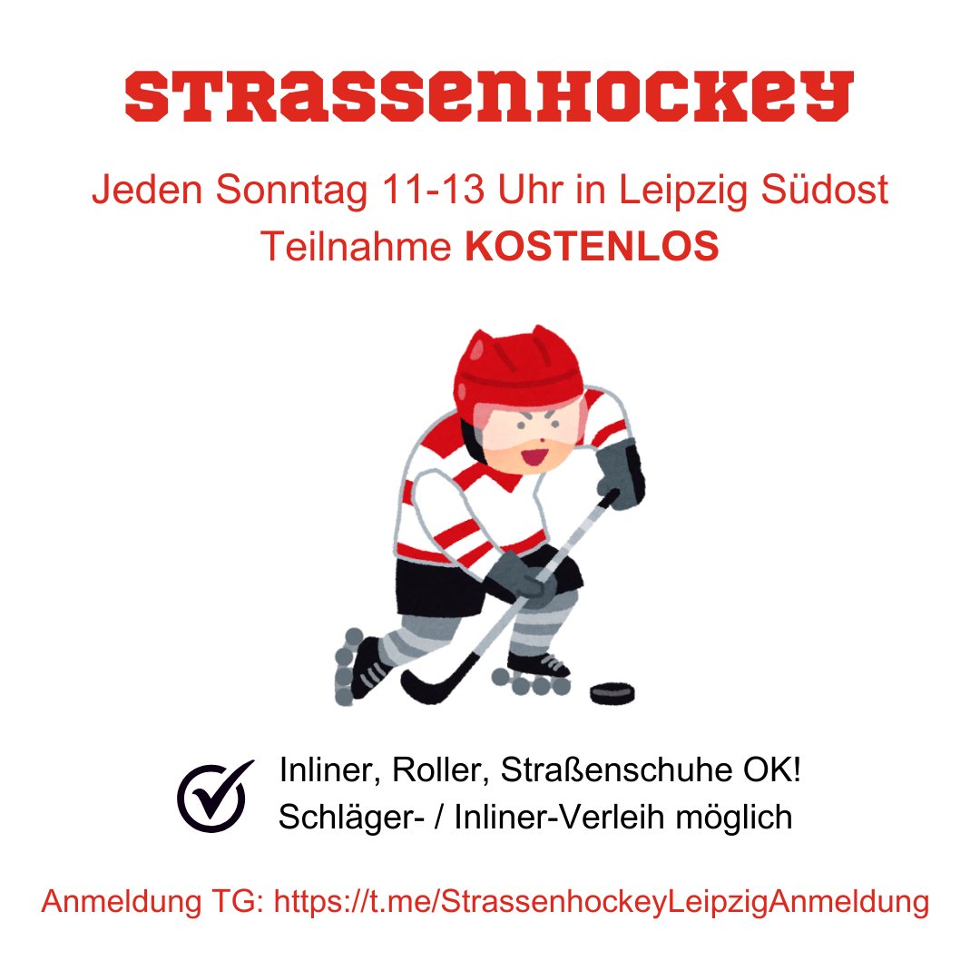 Es ist bald wieder Hockey-Sonntag! 🏒🔥

Anmeldung über DM oder TG: t.me/Strassenhockey… 

#Leipzig #Wochenende #hockey #inlinehockey #streethockey #Sonntag #Sport #Freizeit #rollerhockey #kostenlos