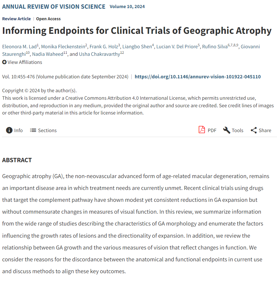 Our latest review <a href="/AnnualReviews/">Annual Reviews</a>, led by <a href="/DrNoraLad/">Eleonora Lad, MD, PhD</a>, delves into functional and anatomical endpoints in #GeographicAtrophy clinical trials, explores the gap between structural and functional outcomes, and highlights key prognostic factors. We also provide recommendations for