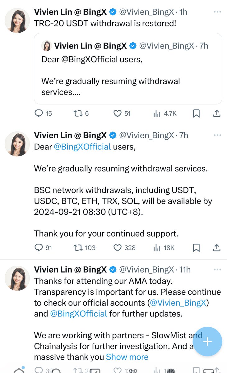 pushpendrakum's tweet photo. BingX all withdrawal started, she took all the decisions within 24 hours.

1. Users funds are safe 
2. Withdrawal started https://t.co/EBRPHXmvYt