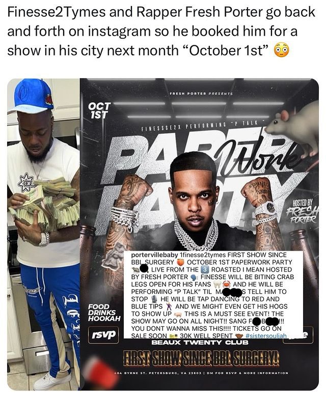trapsntrunks's tweet image. 😳 #FreshPorter and #Finesse2Tymes go back and forth after he called Finesse out for reusing a verse he paid $30,000 for and Finesse2Tymes responded with this so Fresh booked him for a show 👀 You think Finesse will show up?! 🤔🤔