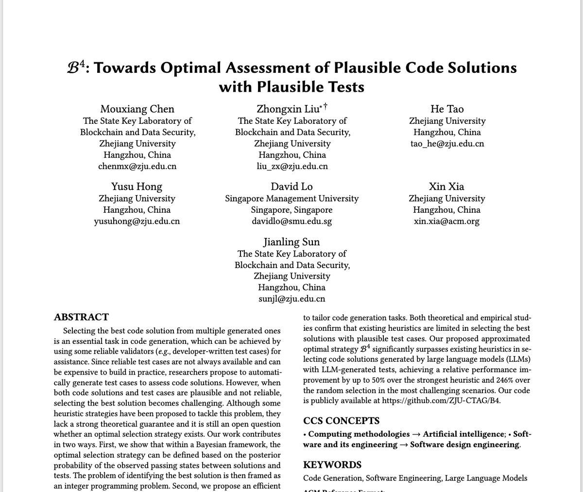 How to select the best LLM-generated solution?
We discuss the theoretically optimal strategy for selecting the best LLM-generated solutions (e.g., unreliable code) based on LLM-generated validators (e.g., unreliable test cases) in our <a href="/ASE_conf/">ASE 2024</a> paper

👉🏻 Paper: