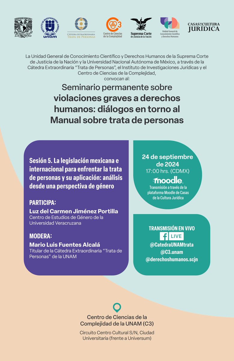 TrataUNAM's tweet photo. #RecomendaciónSemanal

Les invitamos a la sexta sesión del Seminario Permanente sobre Violaciones graves a Derechos Humanos: diálogos en torno al Manual sobre Trata de Personas, el próximo martes 24 de septiembre de 17:00 hrs a 19:00 hrs. https://t.co/MrkfbRBJHQ