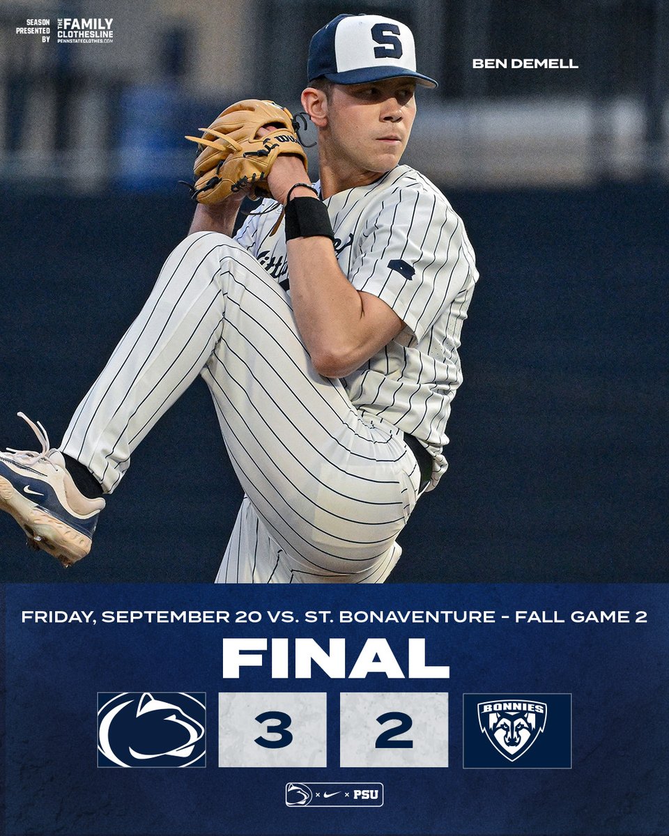 PennStateBASE's tweet photo. Penn State Wins Game 2 to sweep the Fall DH!

Steele 1IP, 0R, 3K
DeMell 1IP, 0R, 3K
Wagner 2H, 2B, R
Jaconski, Jesse 2H, BB
Messina H, RBI

#WeArePennState https://t.co/DTvAt4DGEy