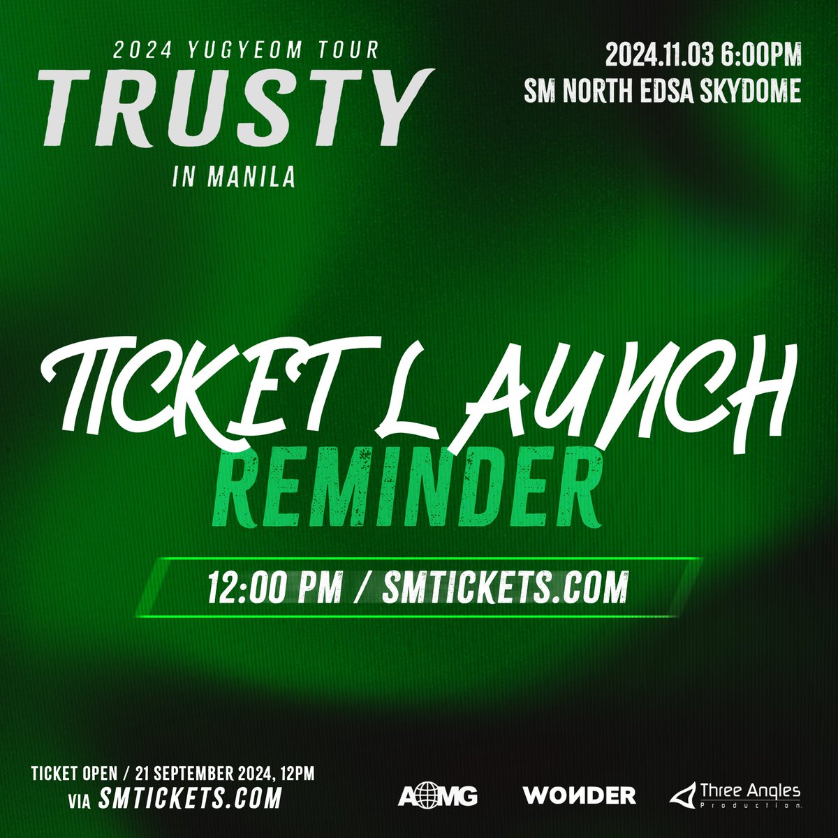 🔔 TICKET LAUNCH REMINDER

Only a few hours left ‘til the ticket launch for the 2024 YUGYEOM TOUR [TRUSTY] IN MANILA 🤩 Ready to secure your spots, Filo Ahgases?

Good luck everyone!

🎫 smtickets.com
🗓️ 2024.11.03 | 6:00 PM
📍 SM North EDSA Skydome

#유겸 #YUGYEOM