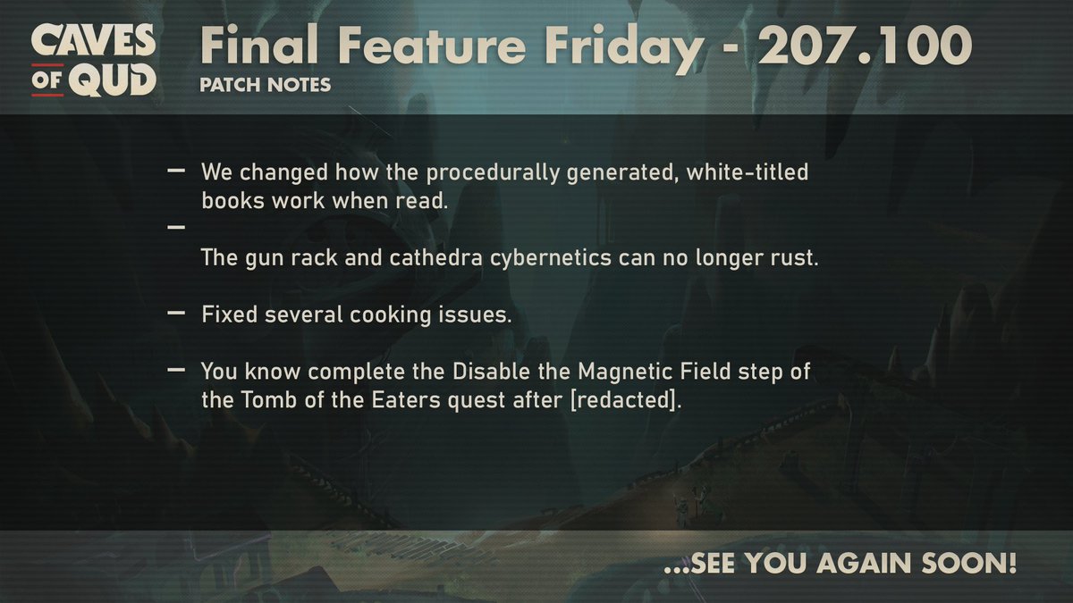 cavesofqud's tweet image. Final Feature Friday!
store.steampowered.com/news/app/33364…