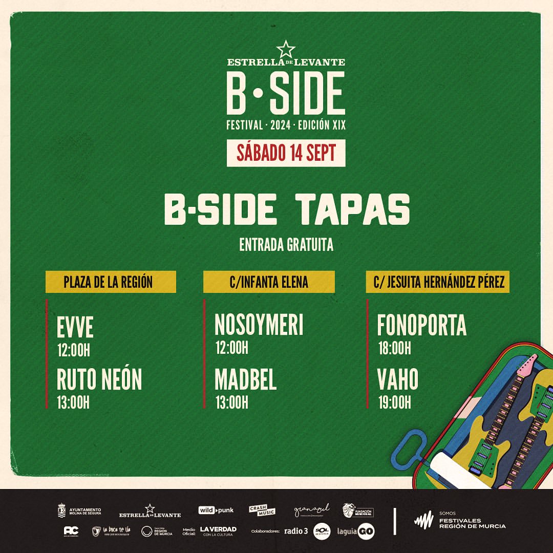 📌La cuenta atrás del <a href="/B_SideFestival/">B-Side Festival</a> 

Estos son los horarios B·Side Tapas (entrada gratuita)

🎤<a href="/SomosFonoporta/">Somos Fonoporta</a> compartiendo escenario con <a href="/vahomusica/">Vaho</a>
📅14/09/24
🕧18:00h
📍Calle Jesuita Hernández Pérez, Molina de Segura (Murcia)

🎟️ Entradas b-sidefestival.com