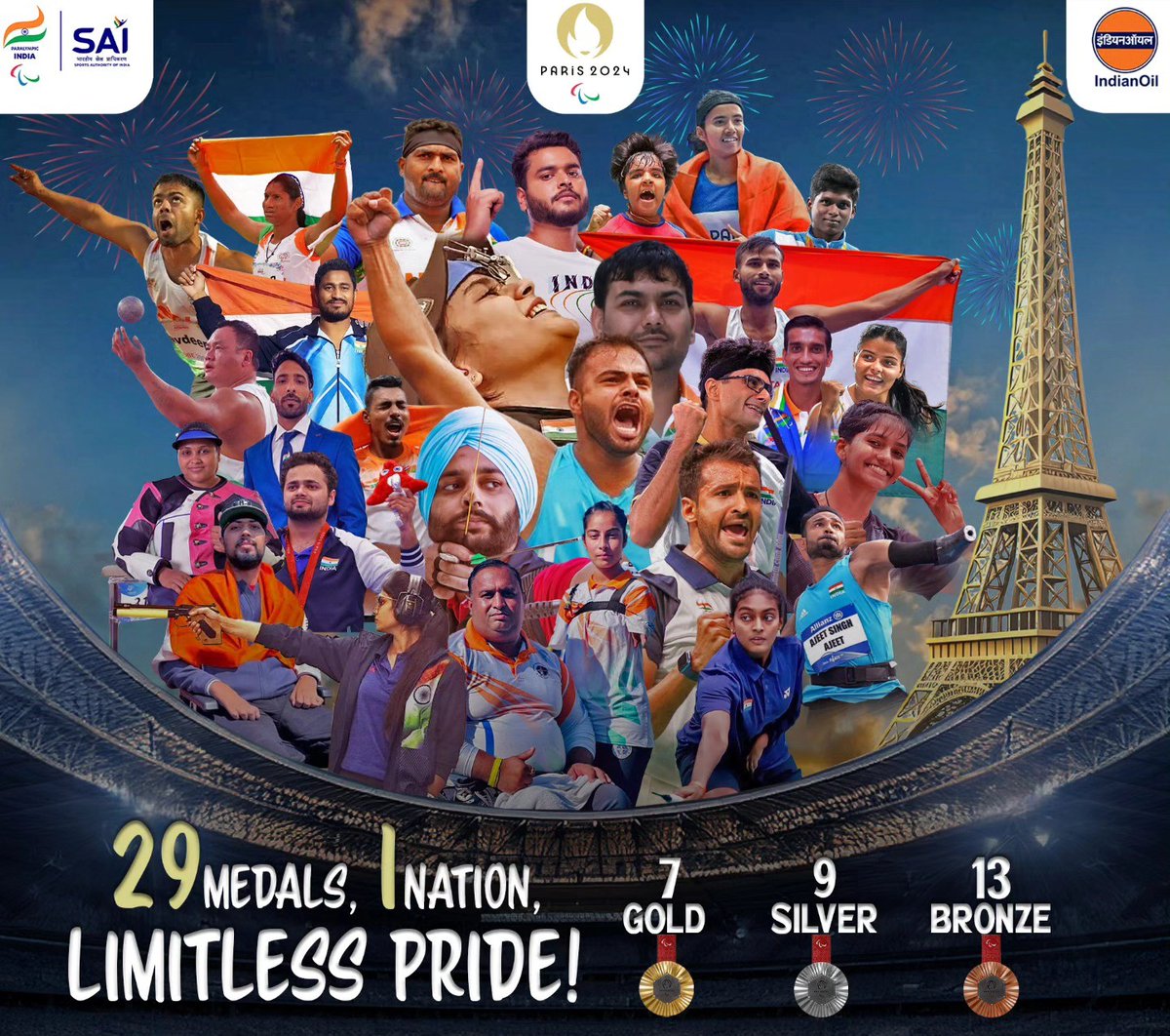 iamdmkrishna's tweet image. Our para-athletes have proven that nothing can stop them. Their success at the Paris 2024 Paralympics makes us proud beyond words.

29 Medals, 7 Gold, 9 Silver and 13 Bronze 🇮🇳

#Cheer4Bharat #MachaDhoom #IndiaAtParalympics #Paris2024 #OneNationOneDream #India #Bharat