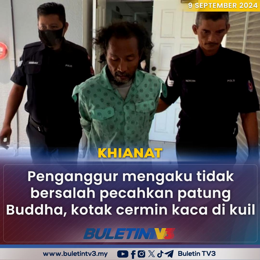 BuletinTV3's tweet image. KHIANAT | Seorang lelaki mengaku tidak bersalah dan mohon dibicarakan di Mahkamah Majistret Kuala Terengganu atas tuduhan melakukan perbuatan khianat merosakkan patung buddha di sebuah kuil berusia 80 tahun. 

#BuletinTV3 #Khianat #Penganggur #Mahkamah #KualaTerengganu #Buddha…
