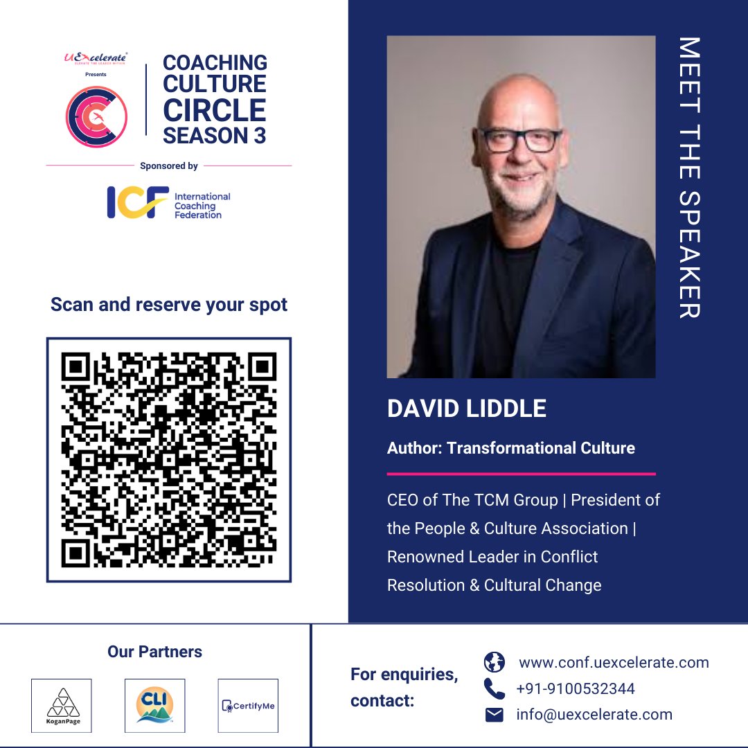 We are thrilled to announce that David Liddle, a recognized leader in conflict resolution and cultural change, will be speaking at the upcoming CCC Conference '24.

Date: 18th and 19th of September
Platform: Airmeet

𝗥𝗲𝗴𝗶𝘀𝘁𝗿𝗮𝘁𝗶𝗼𝗻 𝗹𝗶𝗻𝗸: lnkd.in/dXVNauBc