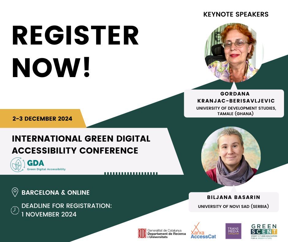 Greenscent_eu's tweet image. Register now for the #GreenDigitalAccessibility Conference 2024 in Barcelona &amp;amp; online, Dec 2-3! Dive into topics like:
- Sustainable tech
- Clear communication about #ClimateChange
- #ClimateJustice
- Plus, workshops, hackathons, &amp;amp; a book launch! 📚
✍️ buff.ly/43RcbnX
