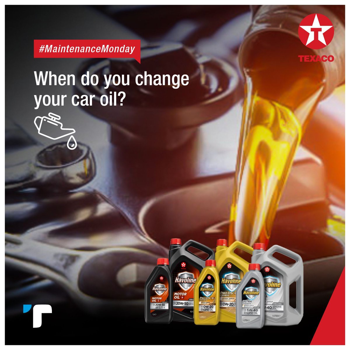 tethysltdng's tweet photo. How do you know when it's time to change your car's oil? Let us know in the comments—we’ll be joining the conversation! 

#maintenancemonday #TexacoLubricants #Havoline #tethysltd #mondaydrive #ChooseTexaco #enginelubricant #syntheticlubricants #engineprotectection #engineoil https://t.co/zeg1aM6WIH