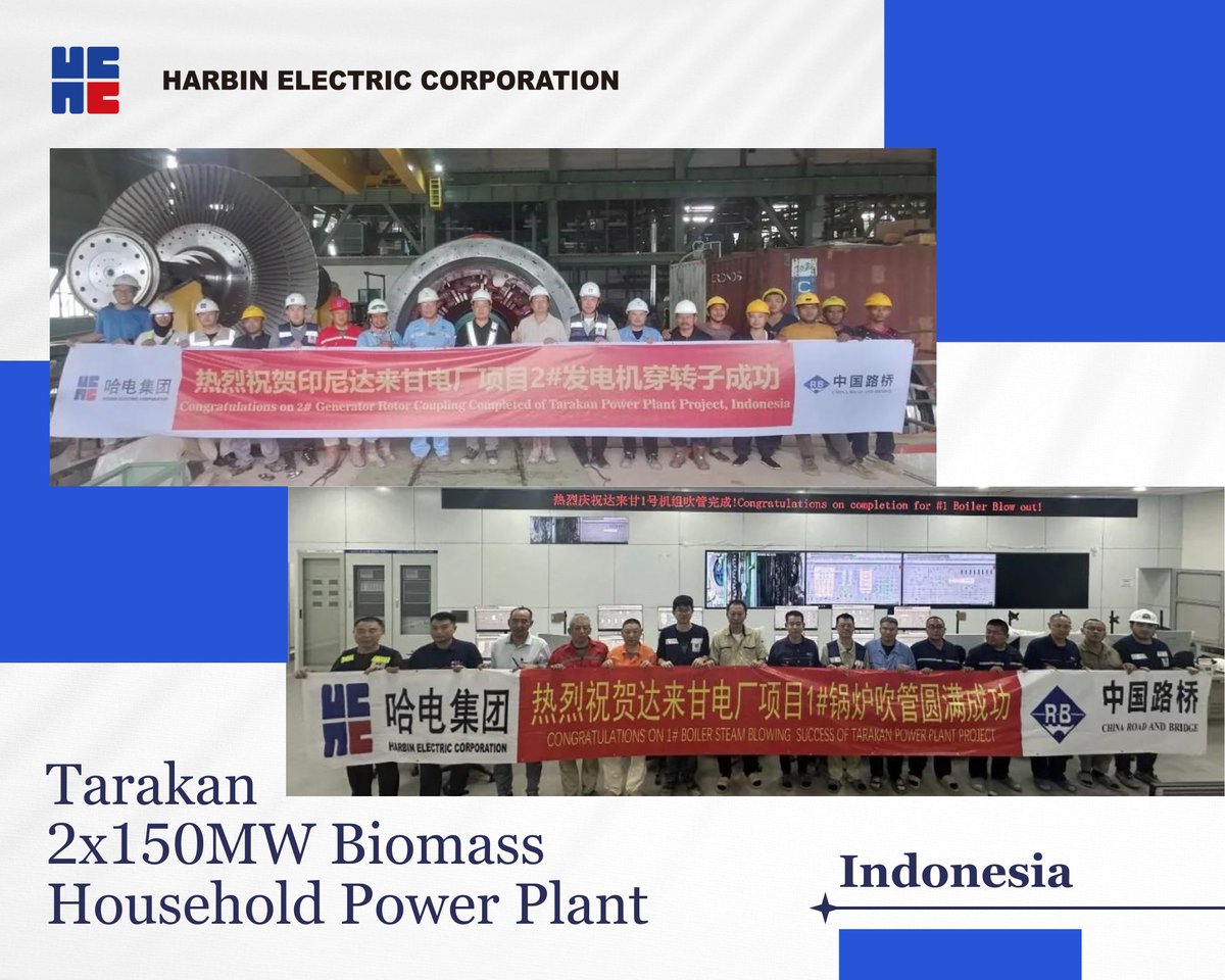 Harbin_Electric's tweet image. Great news from the #HEI Tarakan 2x150MW Biomass Power Plant in Indonesia! The 2# generator rotor fitting and 1# steam blowing have been completed. We are now moving into the final installation phase for Unit 2 and preparing Unit 1 for grid connection. #ProjectUpdate