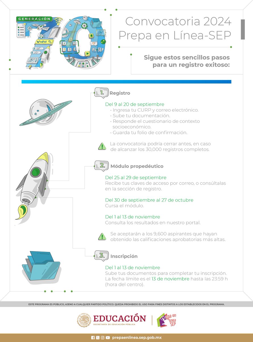 Estudia tu bachillerato en línea, de forma gratuita y con validez oficial. 🖥️📚👨‍🎓

¡Regístrate del 9 al 20 de septiembre y forma parte de la generación 70! 

Sección de registro 👇
prepaenlinea.sep.gob.mx/convocatorias-…

#Convocatoria2024PLSEP #PLSEPGeneración70