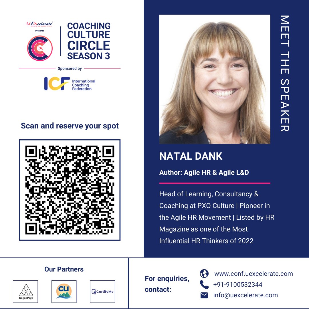 Get ready to be inspired by @NatalDank, a pioneer in the Agile HR movement, at the 𝐂𝐨𝐚𝐜𝐡𝐢𝐧𝐠 𝐂𝐮𝐥𝐭𝐮𝐫𝐞 𝐂𝐢𝐫𝐜𝐥𝐞 𝐂𝐨𝐧𝐟𝐞𝐫𝐞𝐧𝐜𝐞!

𝗗𝗮𝘁𝗲: September 18-19, 2024
𝗣𝗹𝗮𝘁𝗳𝗼𝗿𝗺: Airmeet
Register here: lnkd.in/dXVNauBc
