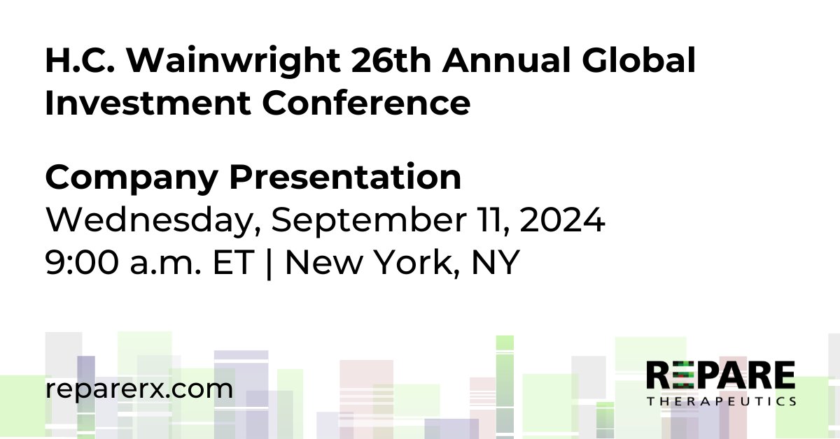 Repare Therapeutics (@reparerx) on Twitter photo Join <a href="/RepareRx/">Repare Therapeutics</a> at the <a href="/HCWCO/">H.C. Wainwright & Co.</a> 26th Annual Global Investment Conference this week for a company presentation. Click here to join the webcast: ir.reparerx.com/news-releases/… $RPTX Join <a href="/RepareRx/">Repare Therapeutics</a> at the <a href="/HCWCO/">H.C. Wainwright & Co.</a> 26th Annual Global Investment Conference this week for a company presentation. Click here to join the webcast: ir.reparerx.com/news-releases/… $RPTX