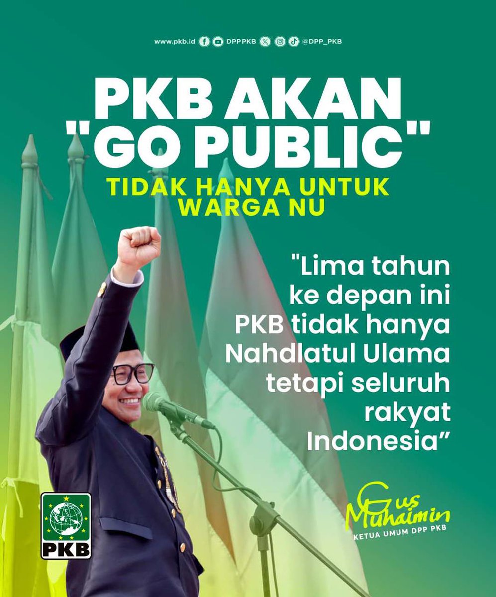 PKB akan go public dalam lima tahun ke depan! PKB tidak hanya untuk Nahdlatul Ulama, tetapi juga untuk seluruh rakyat Indonesia 🇮🇩 

#PKBSolusiBangsa 
#PKBGoPublic