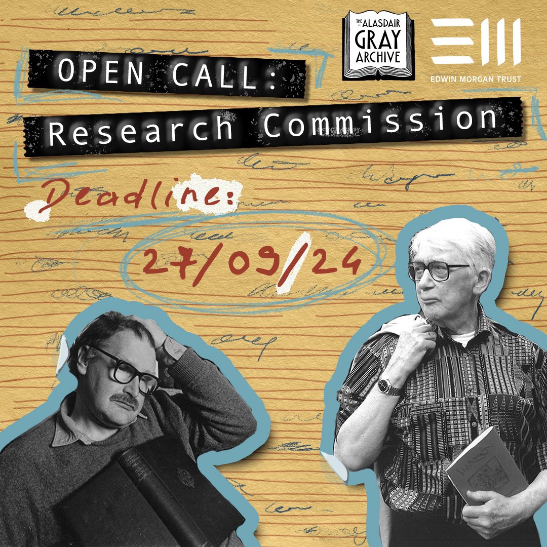 PLEASE SHARE🙏

Open Call: Research Commission

AGA &amp; <a href="/EdMorganTrust/">Edwin Morgan Trust</a> are looking for a post-graduate or early career researcher to create a multimedia portfolio of work that maps and examines cross-overs &amp; connections in the lives, work &amp; practices of Gray and Morgan. Particular