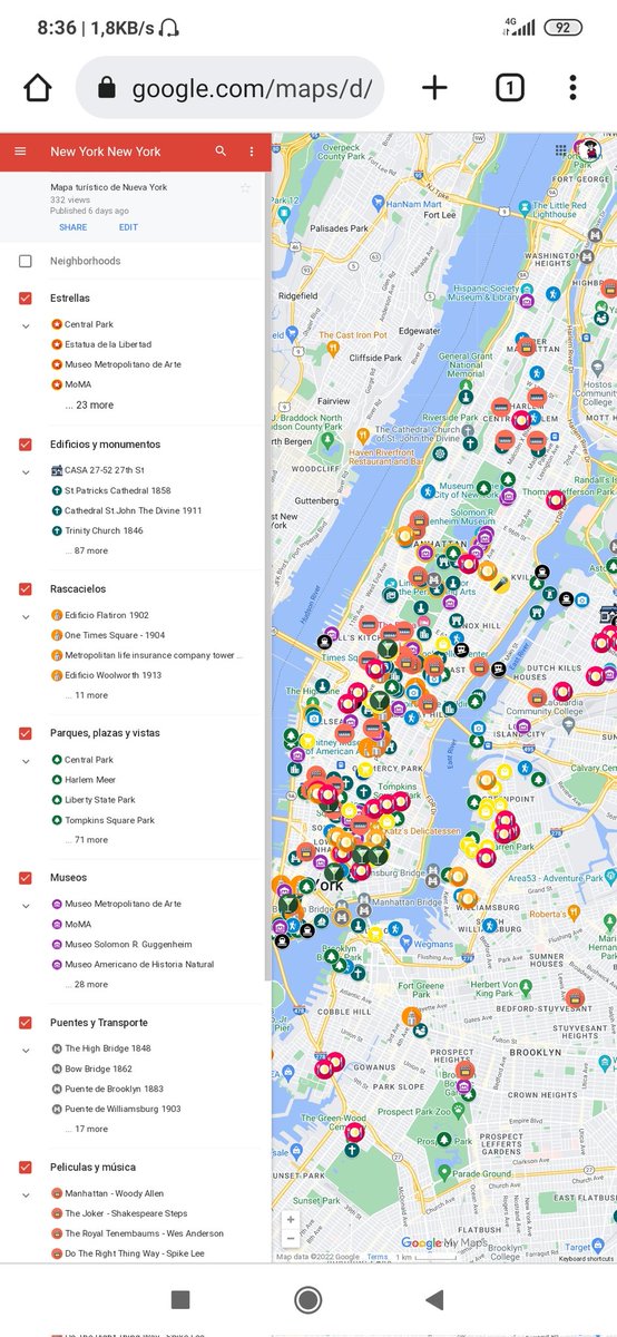 Comparto con todo el que le pueda interesar el mapa de Nueva York que elaboré para mi viaje a la ciudad que nunca duerme. Está todo lo que necesitas ordenado por capas: museos, rascacielos, parques, restaurantes, localizaciones míticas de pelis y más. 

google.com/maps/d/viewer?…