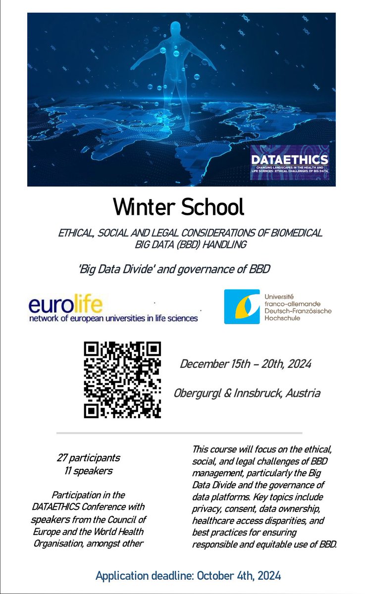 Winter School 2024

Join us from 15-20 December in Obergurgl and Innsbruck for an intensive program on “Big Data Divide and Governance of BBD Platforms.”

Open to advanced undergraduates, postgraduates, and early-stage researchers in life sciences from the Eurolife institutions
