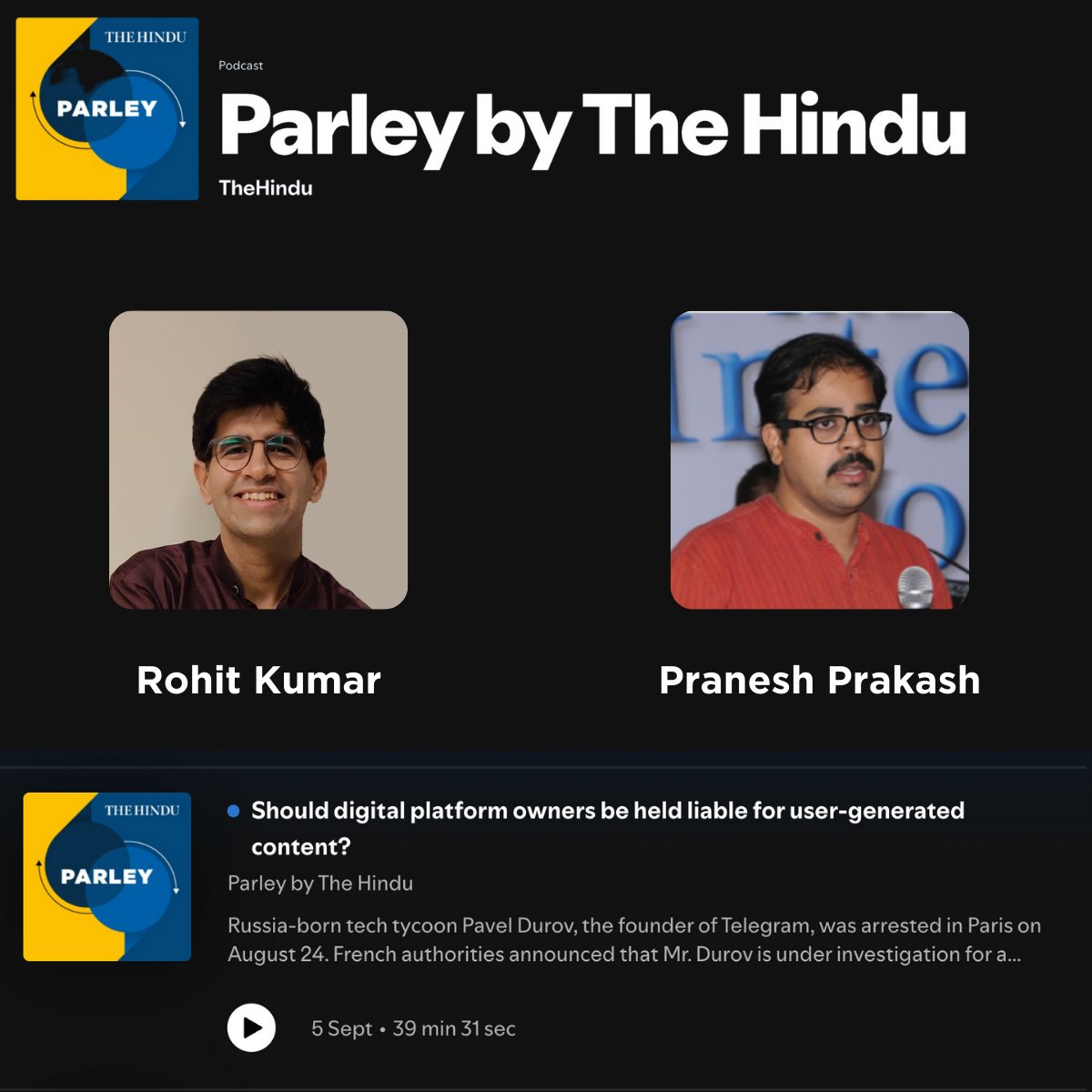 Rohit Kumar (@rohitkr_rk) on Twitter photo Last week, I spoke with <a href="/Aaratrika_11/">Aaratrika Bhaumik</a> and <a href="/pranesh/">Pranesh Prakash (bsky.pranesh.in)</a> on <a href="/the_hindu/">The Hindu</a>'s Parley podcast about the liability of owners of digital platforms for user-generated content. We discussed the complexities surrounding #Telegram and the recent arrest of its founder, Pavel Durov. Telegram's Last week, I spoke with <a href="/Aaratrika_11/">Aaratrika Bhaumik</a> and <a href="/pranesh/">Pranesh Prakash (bsky.pranesh.in)</a> on <a href="/the_hindu/">The Hindu</a>'s Parley podcast about the liability of owners of digital platforms for user-generated content. We discussed the complexities surrounding #Telegram and the recent arrest of its founder, Pavel Durov. Telegram's