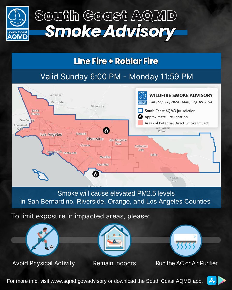 WILDFIRE SMOKE ADVISORY EXTENDED (Sunday, September 8 - Monday, September 9):
#LineFire burning between Highland and Running Springs and #RoblarFire burning in Camp Pendleton continue to affect our air quality: aqmd.gov/advisory